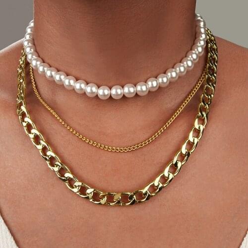 Punk Miami Multilayer Necklace Collar Rock Imitation Pearl Aluminum Gold Thick Chain Clavicle Necklace Womens Jewelry Necklace