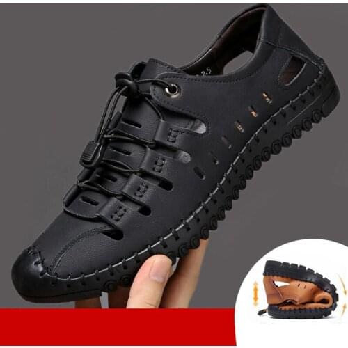 Mens Sandals 2021 New Summer Wear Soft Sole Leather Toe Cap Hole Shoes Cowhide Casual Hollow Sandals