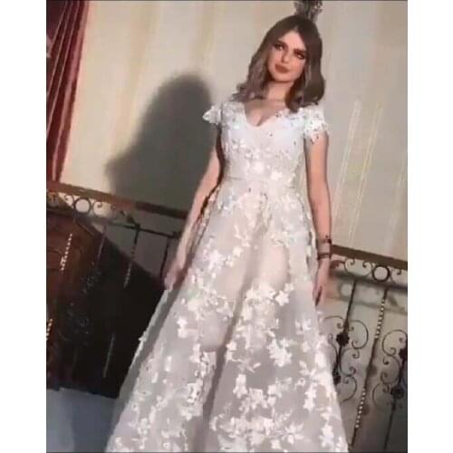 New Arrival Ivory Neck Lace Flowers Short Sleeve Pleated A Line Floor Length Prom Dresses