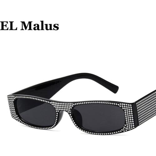 [EL Malus]Little Small Thin Square UV400 Sunglasses Women Imitation Diamond Red Yellow Silver Lens Mirror Sun Glasses Female