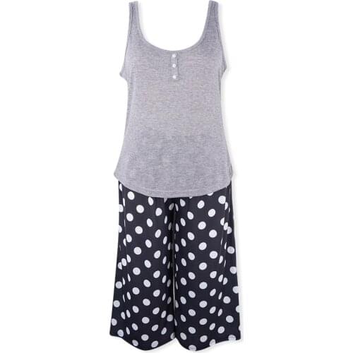Solid Knitted Tank Tops Dot Print Calf-Length Pants 2 Pcs Sets Pajamas for Women Loose Home Casual Clothes Sleepwear Pajama Suit
