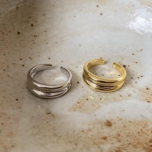 100% Authentic 925 sterling silver Golden /WHITE convex Lines Geometric Rings Adjust TLJ1271