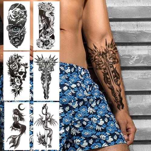 Warrior Sword Temporary Tattoo For Men Women Large Harajuku Skeleton Tattoos Sticker Mermaid Dragon Body Hands Fake Tatoo Paint