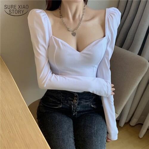 Office Lady White Blouse Shirt Female Vintage Puff Sleeve Black Shirts Spring New Square Collar Short Sexy Top Women Blusa 12605