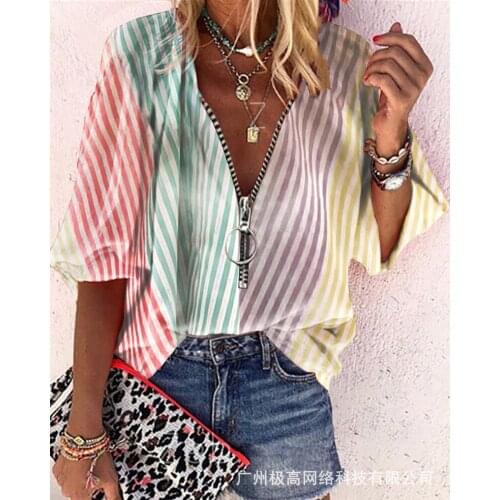 Women Multicolor Striped Casual Tops Casual Long Sleeve Zipper Shirts Ladies V Neck Collar Loose Top