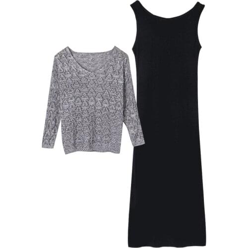 The Thin Hollowed Pullover Bat Sleeve V-neck Tops Women Knitted Sweater 2020 Spring Summer Plus size Loose Two Piece Set Dress
