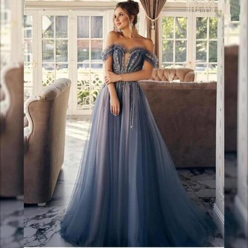 Gray Evening Dress 2021 Off Shoulder A-Line Short Short Sleeve Crystal Beading Court Train Tulle Women Party Gowns Custom Made