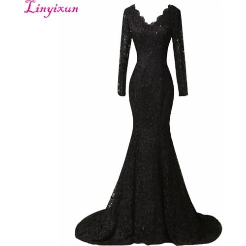 Linyixun Real Photo Black V Neck Lace Prom Dresses 2020 Sweep Train Full Sleeve Evening Dresses With Appliques Robe de soiree