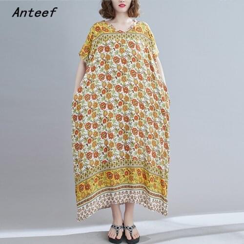 Short sleeve cotton stain vintage floral dresses for women casual maxi long loose sun summer beach dress elegant clothes 2021