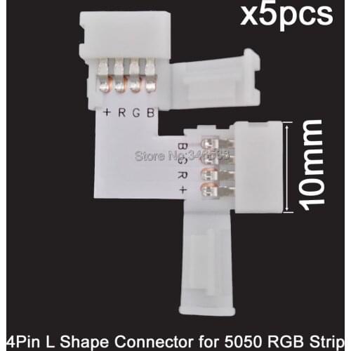 5pcs 4Pin 4-Pin 10mm L-shape RGB PCB Corner Splitter Connector Solderless No Welding Adaptor with Clips for 5050 RGB LED Strips