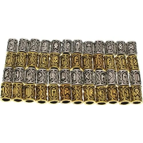 24pcs/Set Vintage Runes Viking Beard Beads TIWAZ TYR Sol Runes Tube Spacer Beads Charms For Hair Necklace Bracelet DIY Jewelry