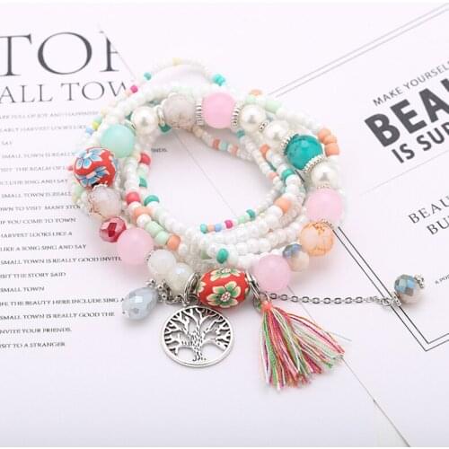 8pcs/set Handcraft Boutique Fashion Multilayer Natural Stone Beads Strand Bracelets Tassel Bangles Pulseras Life tree Boho Mujer