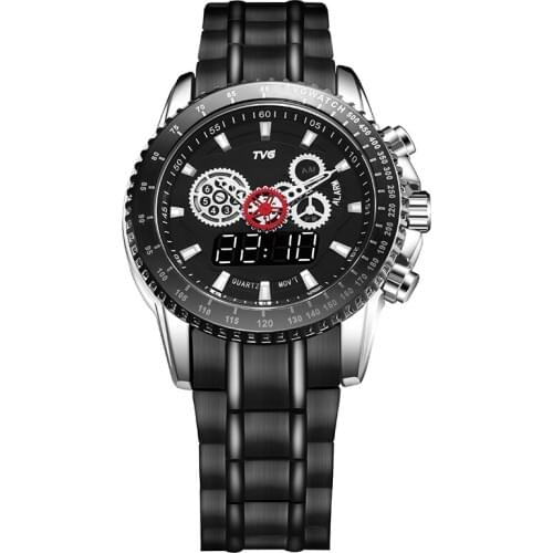 Watch mens quartz dual movment gold big dial Time gear LED alarm business double movement anniversary gifts for husband TVG 902