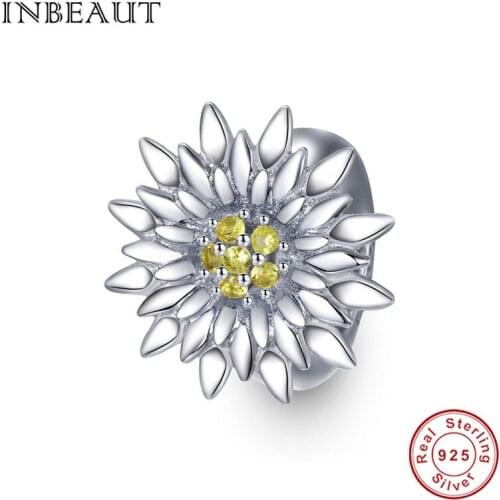 DECORAL Silver 925 sunflower charm CZ golden flower rubber stopper beads fit brand bracelets DIY jewelry women birthday gifts