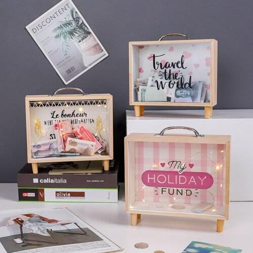 Wooden Cash Coin Collecting Box Ornament Craft Bedroom Desktop DIY Decoration Wood Money Storage Bank Boxes With Removable Board