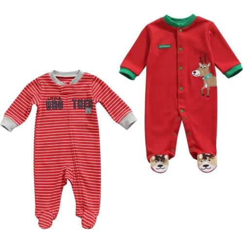 FOCUSNORM 0-12M Infant Baby Girls Boys Footie Jumpsuits Letter Striped/Deer Printed Long Sleeve Christmas Rompers