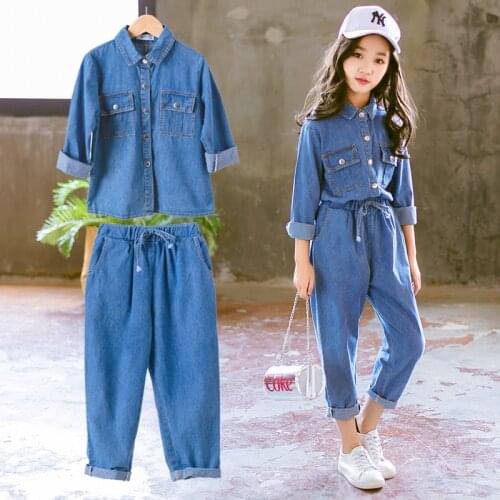 Denim Children Clothing Set Casual Kids Two Piece Suit Solid Blue Jeans Tops Pants Teenage Girl Set Spring Autumn Tracksuit