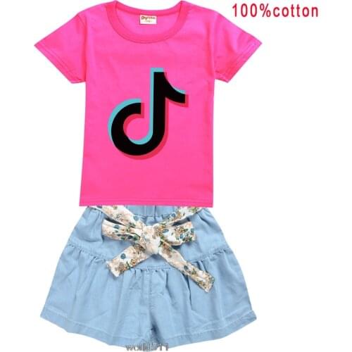 Girls Sets summer New 2 Pieces Tik Tok Infant Baby Girls Clothes Set Childrens suit t shirt + Denim Skirt Pants student clothes