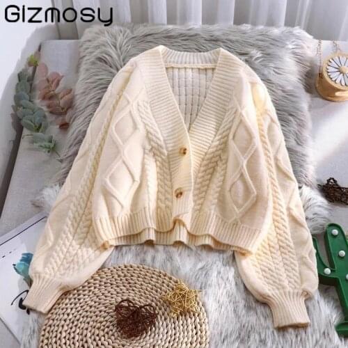 Gizmosy Short Knitted Cardigan Womens Autumn Winter Long Sleeve Solid Sweaters Coat & Jackets Lantern Sleeve Knitted Sweater