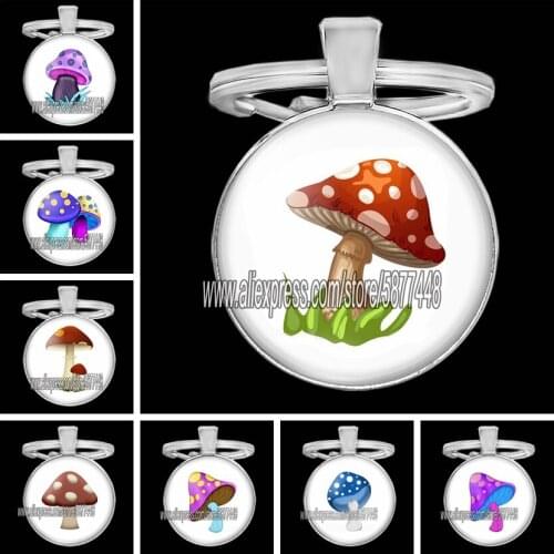 Cute Cartoon Mushroom Keychain Colorful Dots Women Glass Cabochon Purse Key Chain for Women and Girls