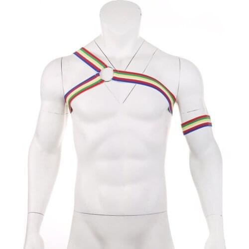New Hot Men Colorful Lingerie Body Chest Rainbow Harness Neck Nightclub Hollow Out Elastic Bondage Straps With Arm Band