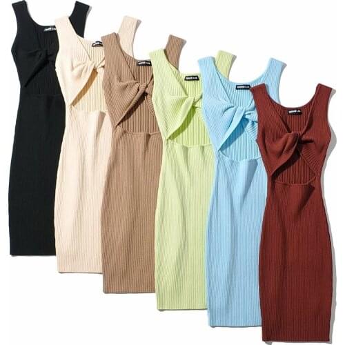 New Sexy Pure Color Elastic Thin Temperament Simple And Fashion Sexy Women Knotted Collar Knitted Dress