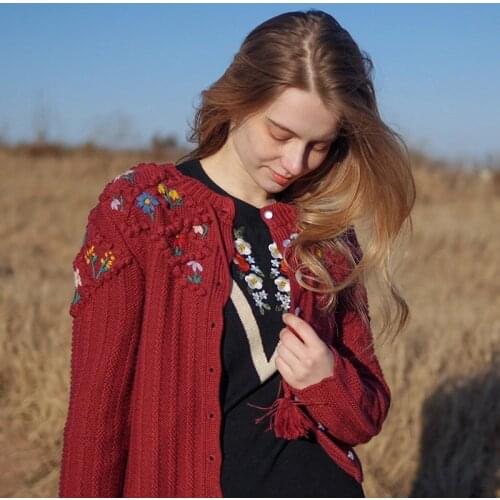 Fall Winter Sweaters For Women Korean Fashion Moril Gril Handmade Embroidery Christmas Red Sweater Knitted Wool Cardigan Sweater