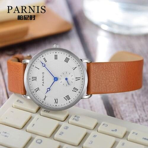 Parnis 40MM Quartz Mens Watch Casual Silver Case Waterproof Watch Leather Top Luxury Brand Men Watches Man Clock