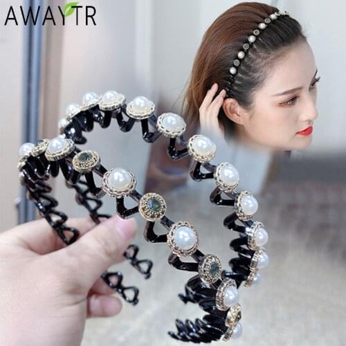 AWAYTR Fashion Pearl Non-Slip Hairbands Ladies Rhinestone Hair Bands Hoop Elastic Headbands Top Girls Hair Accessories Headdress