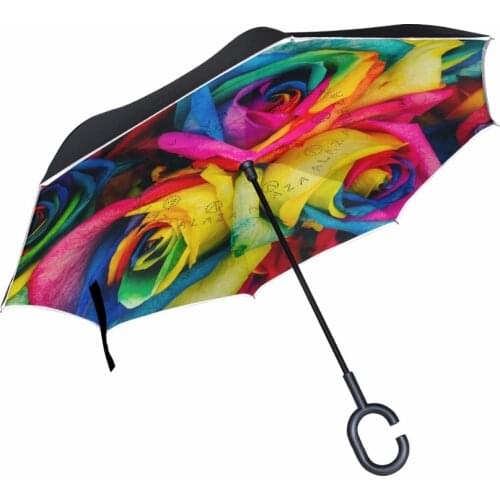 Rainbow Tinted Roses Flower Double Layer Inverted Umbrella Women Beach Waterproof Reverse Umbrella Rain Women for Car