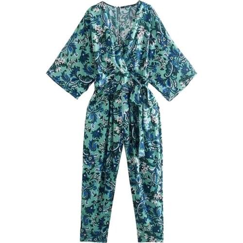 Nlzgmsj Za Women 2021 Vintage Half Sleeve Green Floral Print Jumpsuits Chic Ladies Zipper Design Casual Sashes Rompers 202108