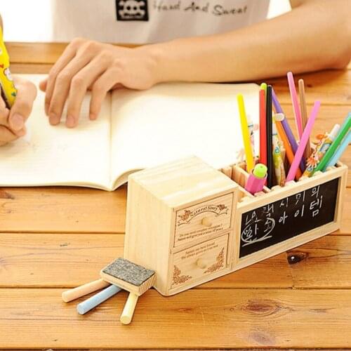 Large Capacity Wooden Pen Holders with Double Drawers/ Blackboard/ Whiteboard Stationery Storage Box Desktop Organizer Container