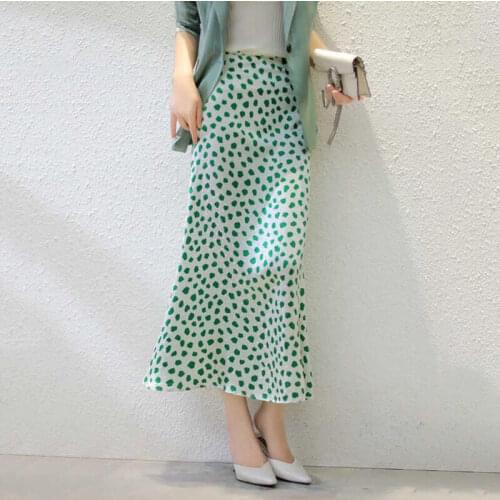 Korean England Office Lady Simple Dot Satin Elegant Summer Midi Length Skirt Women Faldas Mujer Moda Skirts Women Loose