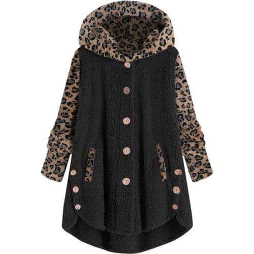 2021New Winter Women Hoodie Coat Ears Leopard Patchwork Single-breasted Irregular Plush Jacket for Womens