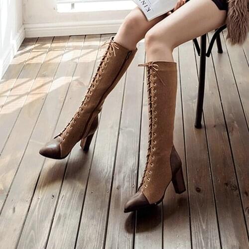 Faux Suede Stitching PU Lady Knee High Boots Spring Autumn Fashion Cross Tied Square High Heel Boots Female Zipper Winter Shoes