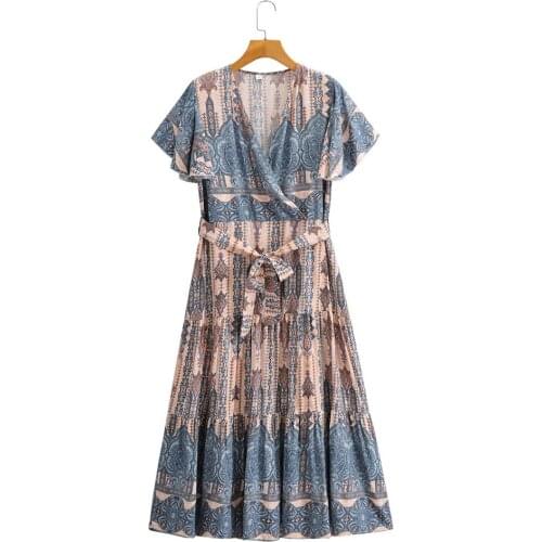 Short Sleeve Dresses Butterfly Women Vintage Rayon Floral Print Summer Dress Elastic Waist V-Neck Boho Beach Cotton Vestidos