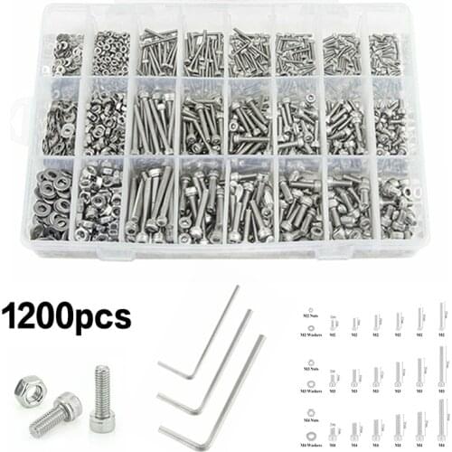 1200pcs/set M2 M3 M4 Stainless Steel Screws Nuts & Washers Hex Socket Head Cap for Electrical Connections Automotive