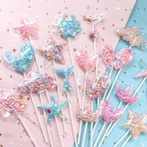 3Pcs Baby Shower Transparent Sequin Cake Topper Star Mermaid Clouds Flags Birthday Decoration Cupcake Topper Party Supplies
