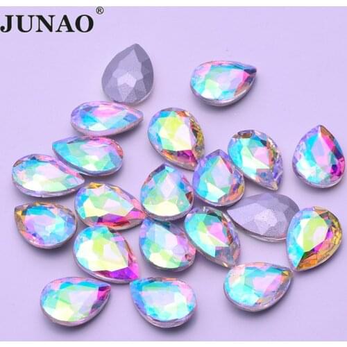 JUNAO 50pcs 13*18mm Crystal AB Teardrop Glass Rhinestones Pointback Strass Diamond Glass Crystal Stones for Clothing Decoration
