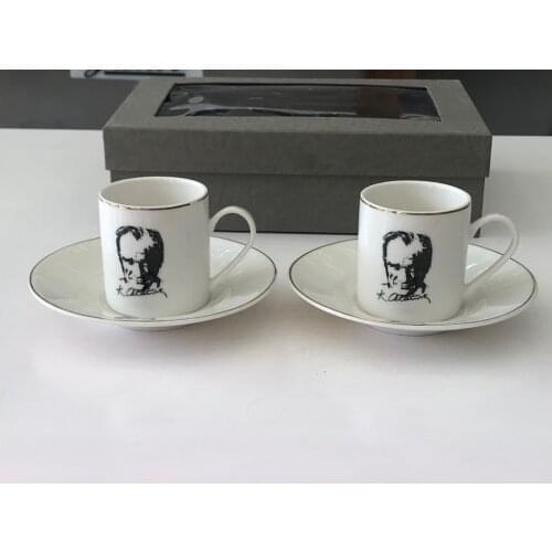 Turkish Coffee Cup Set For 6 Person, Mustafa Kemal Ataturk Picture, Porcelain, Special Gift, Gonul Collection