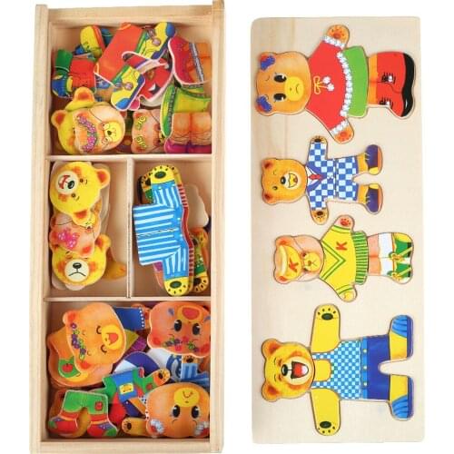 Wooden Puzzle Toy Set Bear Jigsaw Puzzle for Children Kids Gift Changing Clothes Puzzle Educational Dress Changing Puzzle Wooden