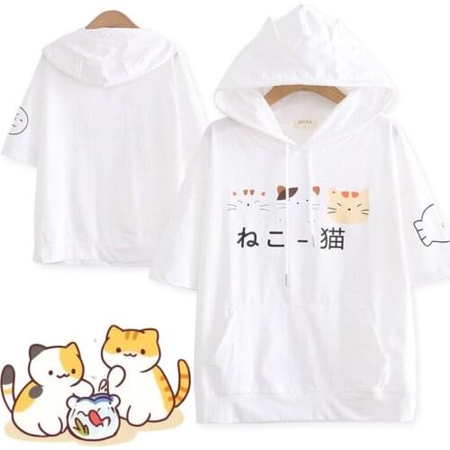 Game Neko Atsume T Shirt Women Harajuku Hooded TShirts Japanese Kawaii Cat Female Ponchos Cap Girls 3D Printing Cute Tops