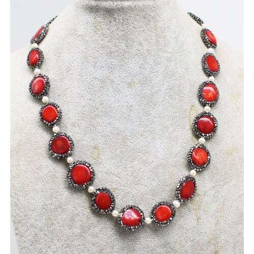 RED CORAL flat oval zircon +white pearl round beads coral necklace 48cm unique gift for women FPPJ
