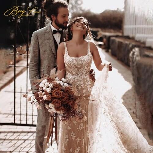 A Line Ivory Lace Wedding Dress Tank Sleeve Bridal Gown Marriage Bride vestidos de novia Long Beach Wedding Dress robe de mariée