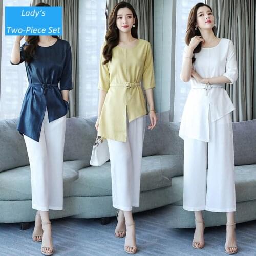 Fashion Style Women Suits New Elegant Sashes Blue Chiffon Blouse Half Sleeve White Pants Summer Office Lady Casual Two-Piece Set