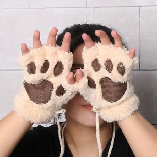 Fashion 1 Pair Women Girls Lovely Winter Warm Fingerless Gloves Fluffy Bear Cat Plush Paw Claw Half Finger Gloves Mitten Gifts
