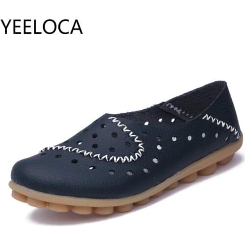 Spring Women Moccasins Ladies Cut Out Comfort Shoes Flat Plus Size Loafers Genuine Leather Slip On Ladies Casual Handmade Sewing