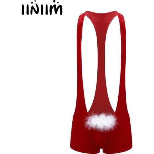 Mens Male Velvet Christmas Funny Holiday Party Lingerie Boxer Shorts Jockstraps Racer Back leotard Bodysuit Wrestling Singlet