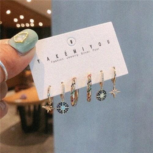 2021 New Charm Eight-Pointed Star 6-Piece Set Colored Zircon Hoop Earrings Fashion Simple Earrings For Women Exquisite Jewelry