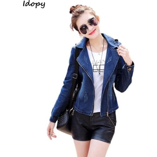 Idopy Womens Girls Casual Slim Fit Motorcycle Long Sleeve Label Collar Coat Trucker Biker Denim Jean Jacket Coat Blue For Women